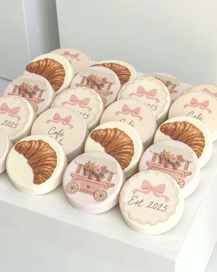 Blush and ivory covered Oreos printed with a cafe name, a flower cart, and sugar croissants.